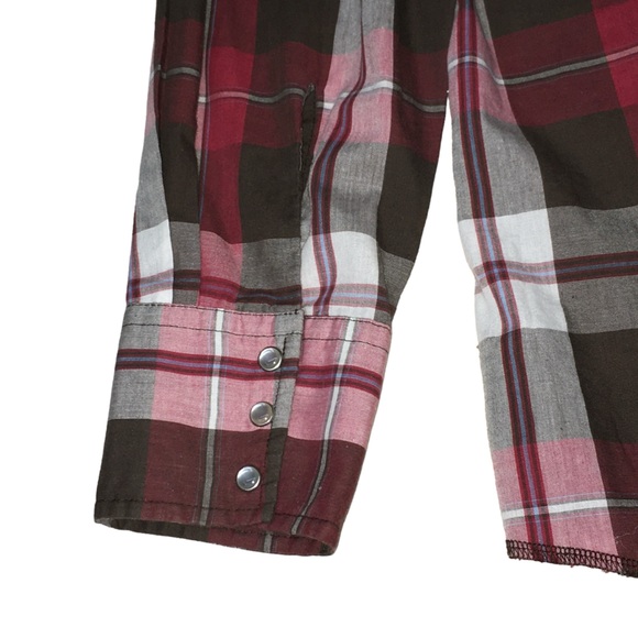 Wrangler Western ‎Pearl Snap Brown Red Plaid Long Sleeve Shirt - Men’s XL - Picture 10 of 13